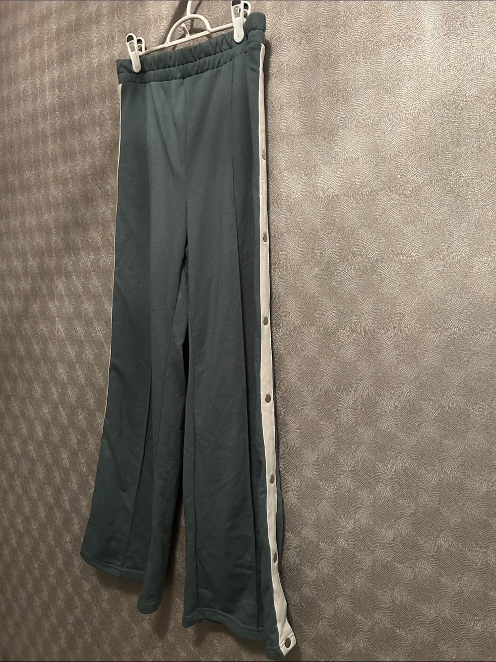 90s Vibe Neutral Green Track Pants with Side Stripe and Faux Snap Buttons